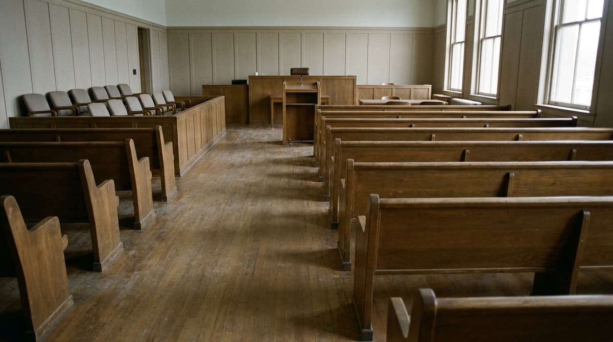 An empty courtroom seen from the back: wooden benches, a jury box and a witness stand in daylight