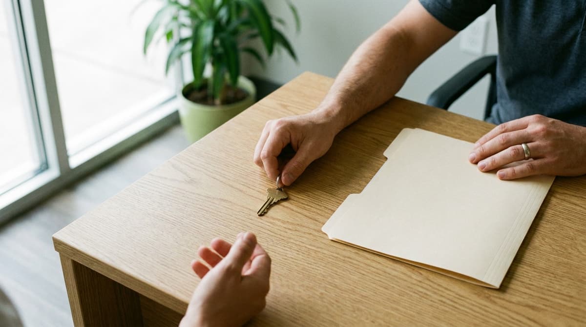 A hand slides a brass key across a wooden desk toward another hand beside a closed manila folder