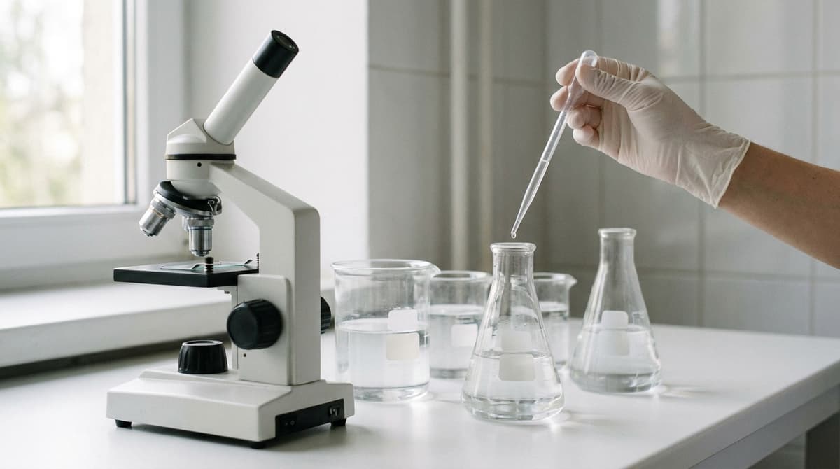 A gloved hand drips liquid from a pipette into a flask beside a microscope on a white laboratory bench