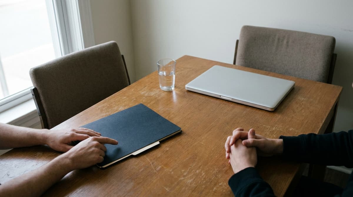 Two people at a wooden table, one hand on a closed navy folder and the other hands clasped, with a glass of water