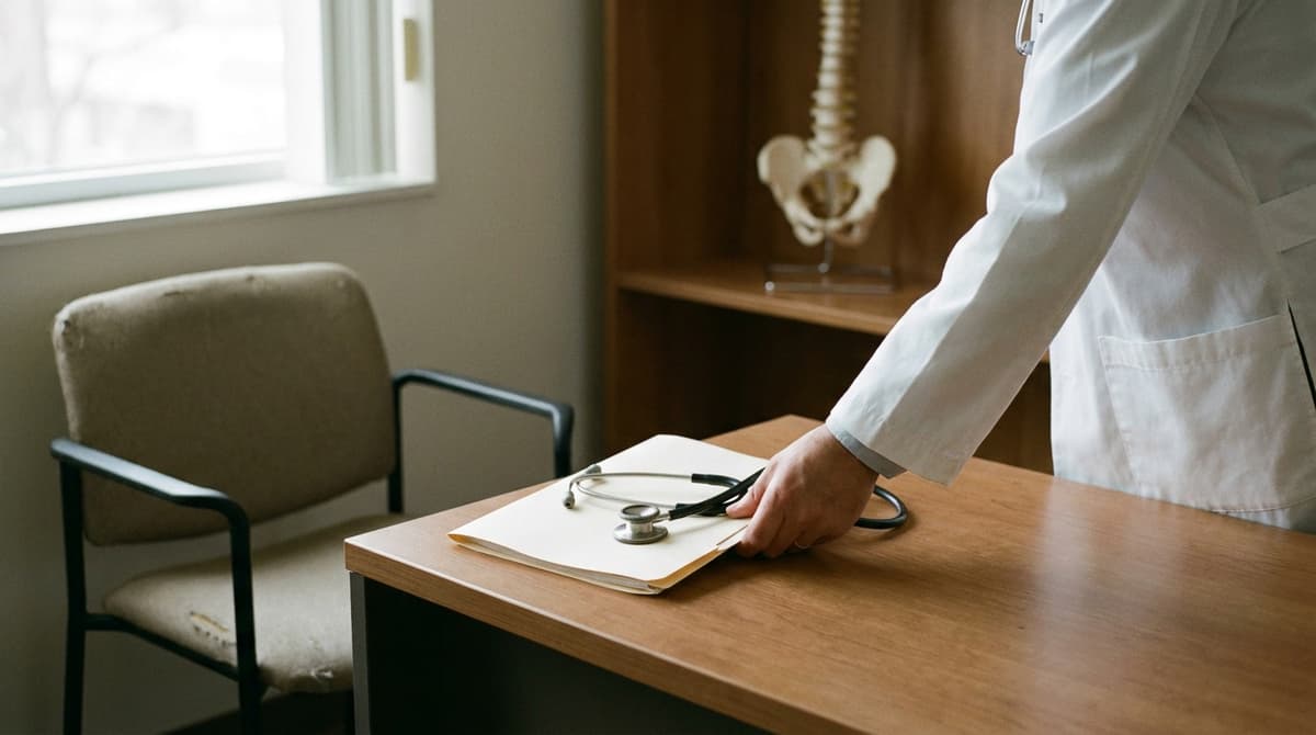 A doctor in a white coat rests a stethoscope on a closed folder on a clinic desk beside an empty chair