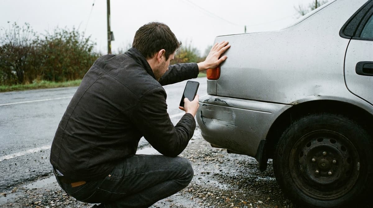 A person crouches on a wet road shoulder photographing a dented rear corner of a silver car with a phone