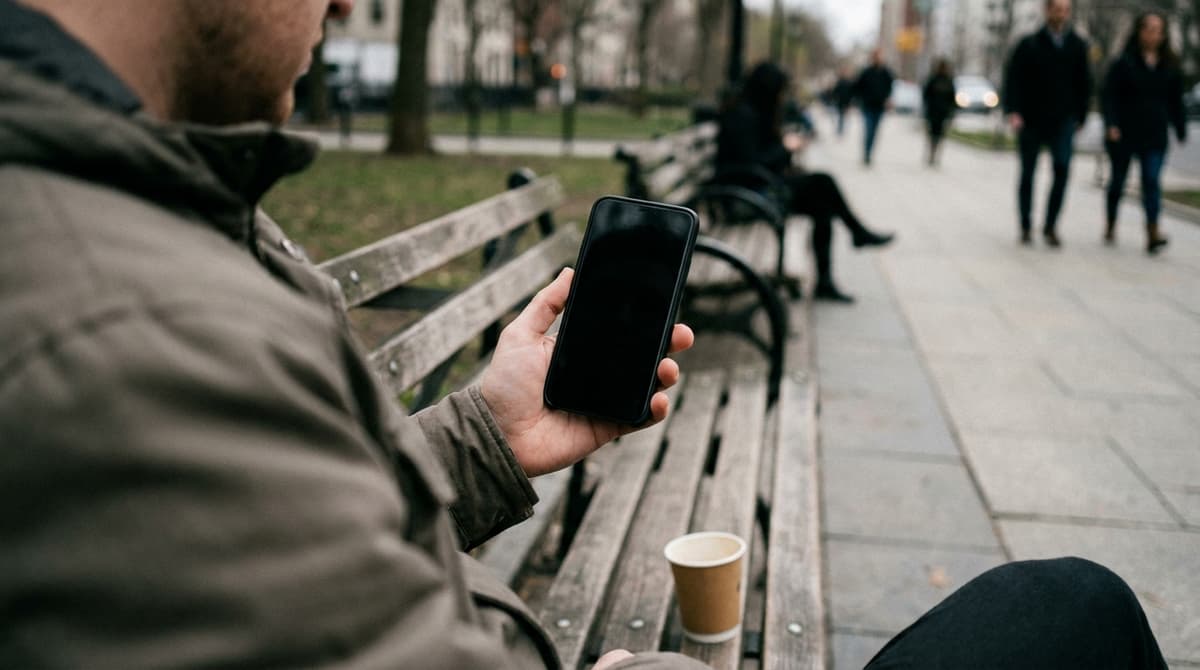 A person on a park bench holds an unbranded phone with a dark screen beside a paper coffee cup