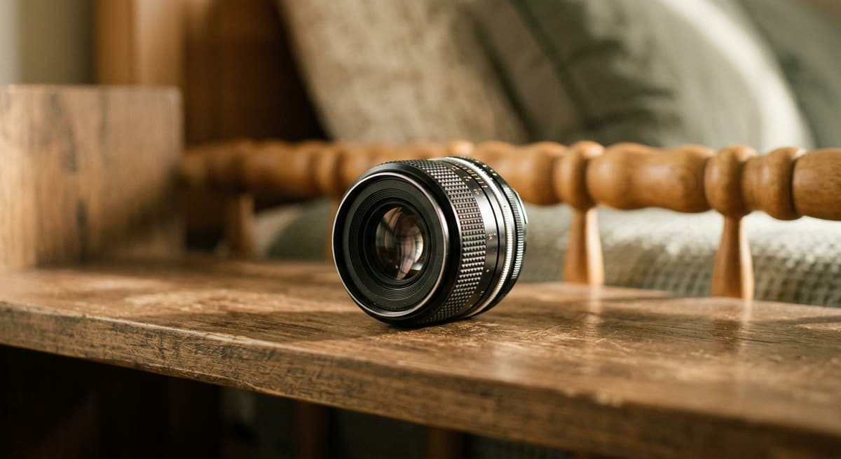 a close-up of a small camera lens on a shelf with a soft-focus bed rail in the background, warm light