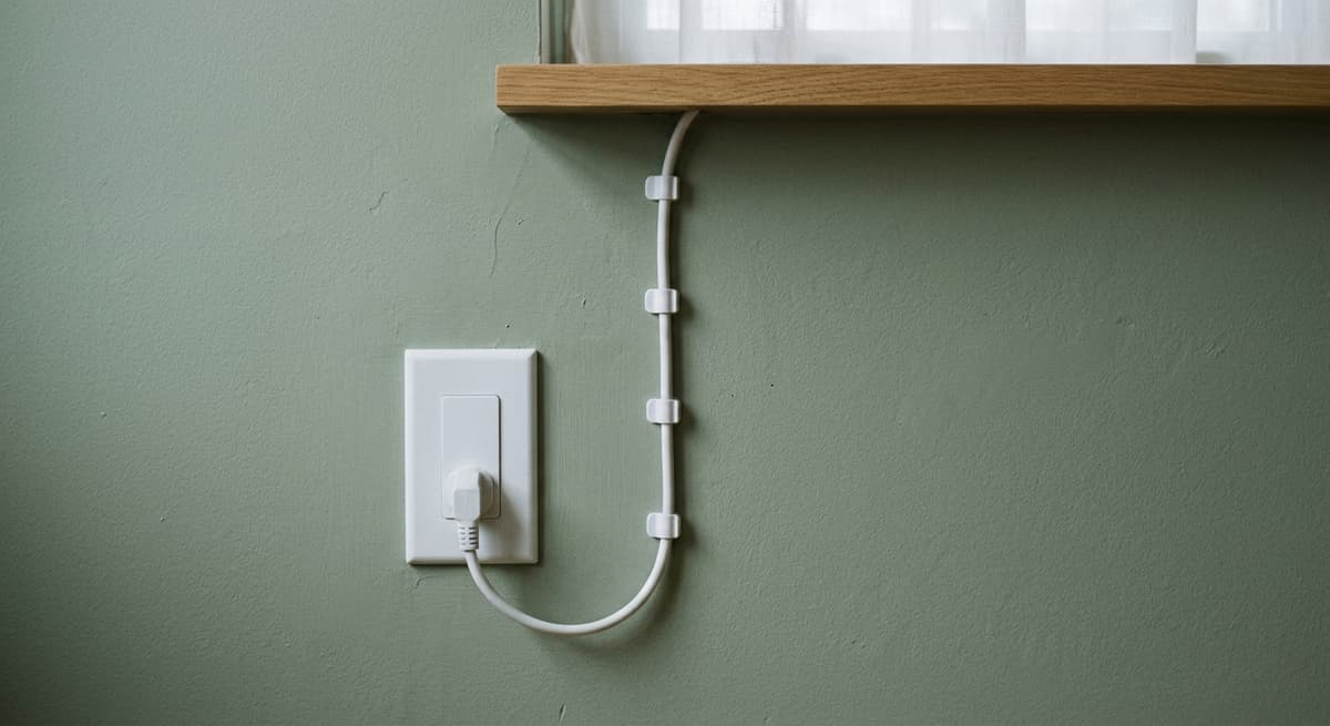 a wall power outlet with a neatly clipped cable running up a painted wall toward a shelf edge, tight crop