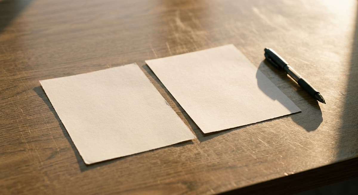 two blank consent forms and a pen laid side by side on a laminated table, overhead shot, no readable text