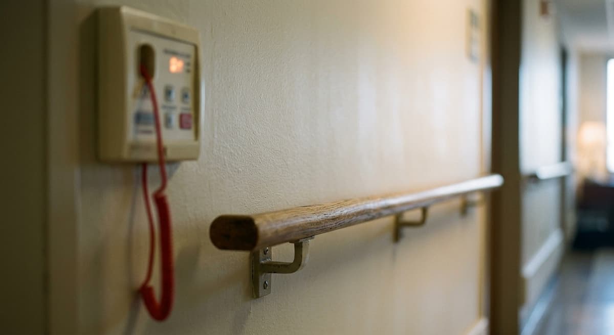 a corridor handrail and a blurred nurse-call light panel on a plain wall, shallow focus, no people