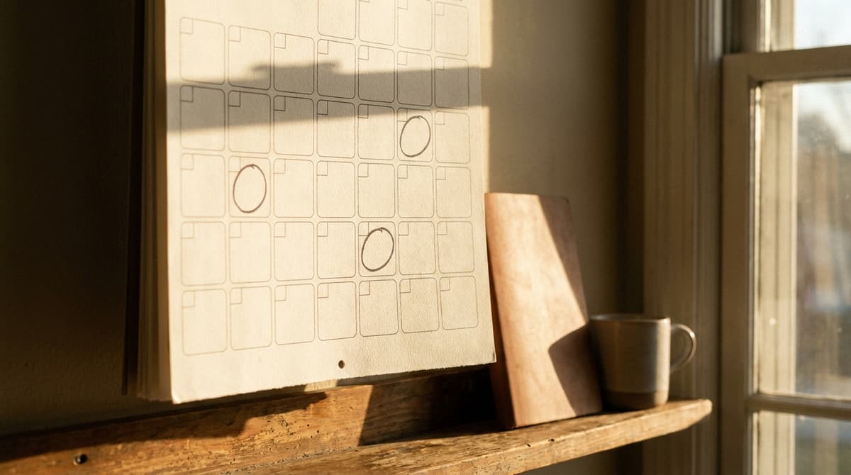 a wall calendar with blank date squares and a few circled days