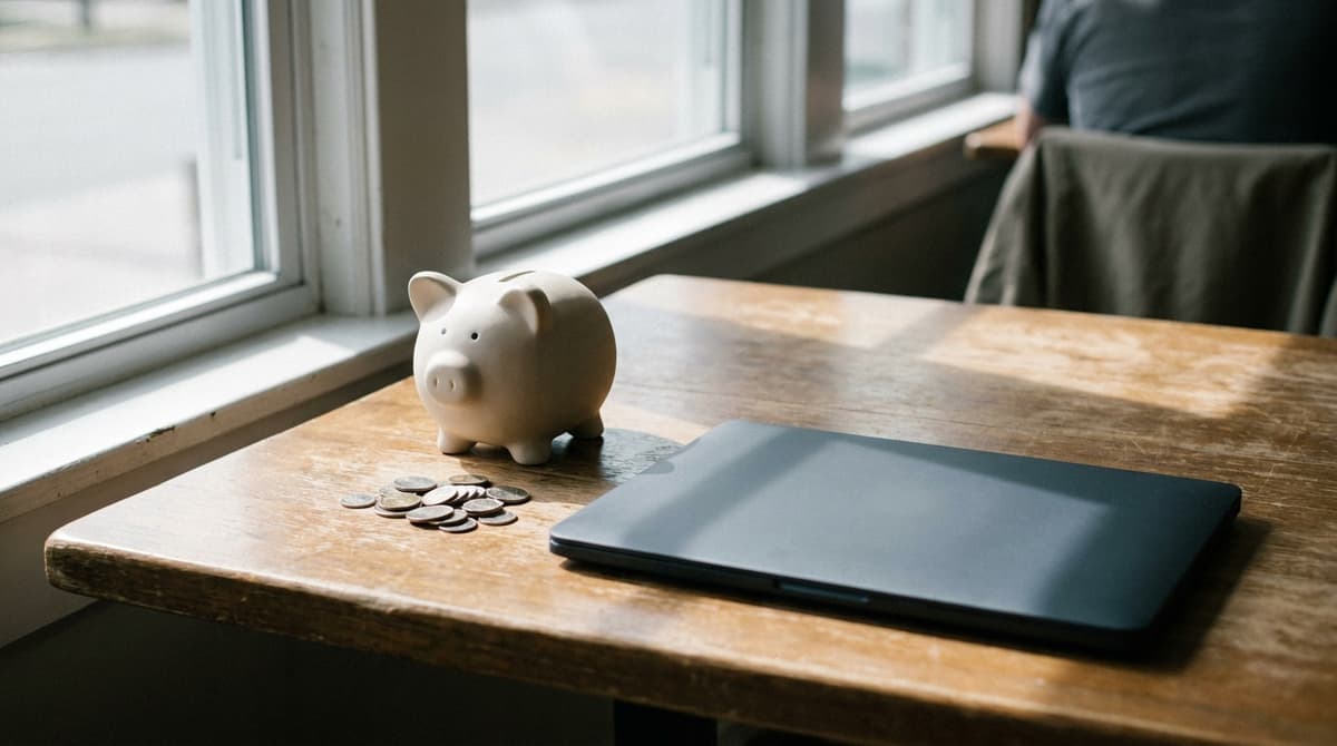 a piggy bank and a few coins on a wooden table beside a closed laptop