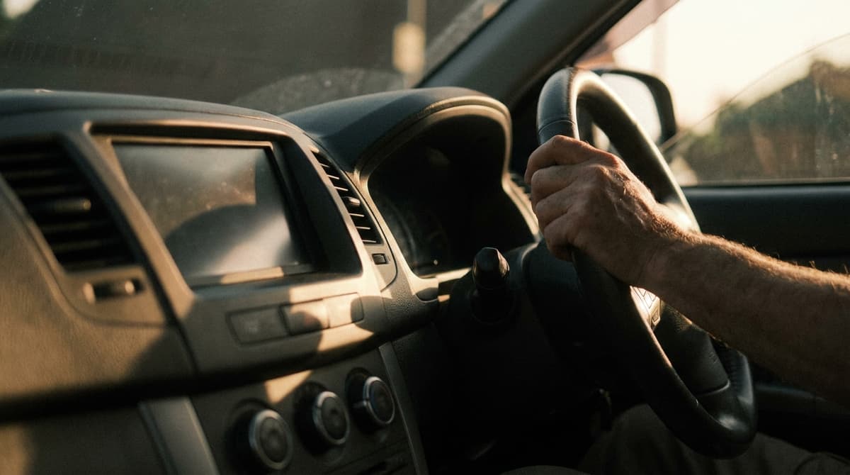 a hand on the steering wheel of a right-hand-drive car