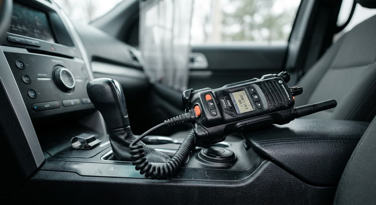 Texas police radio handset on a vehicle center console