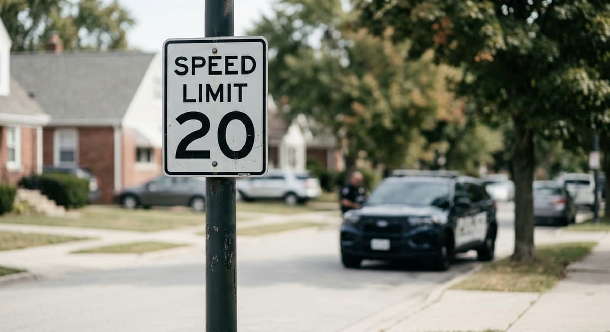 Virginia speed limit sign on a residential street with a patrol car visible in the distan