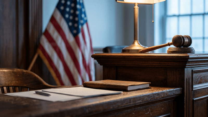 courtroom interior with wooden benches, judge bench area, and American flag
