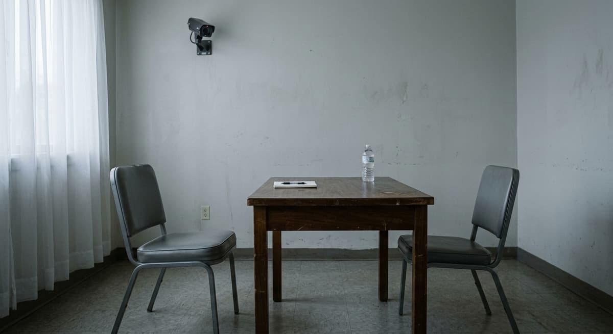 Kentucky police interview room with a table, two chairs, and a wall-mounted camera