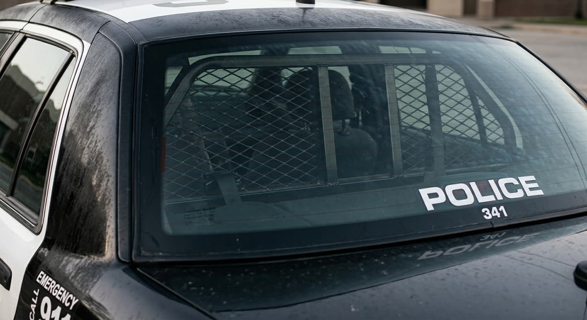 Texas police car rear window with a cage partition visible from outside