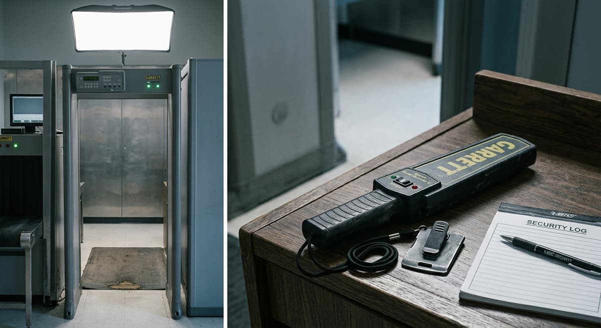 Virginia security checkpoint with a metal detector and officer station, empty