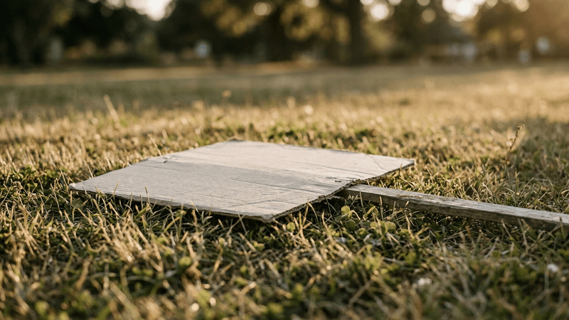 Virginia protest sign lying on grass after a demonstration, no people visible