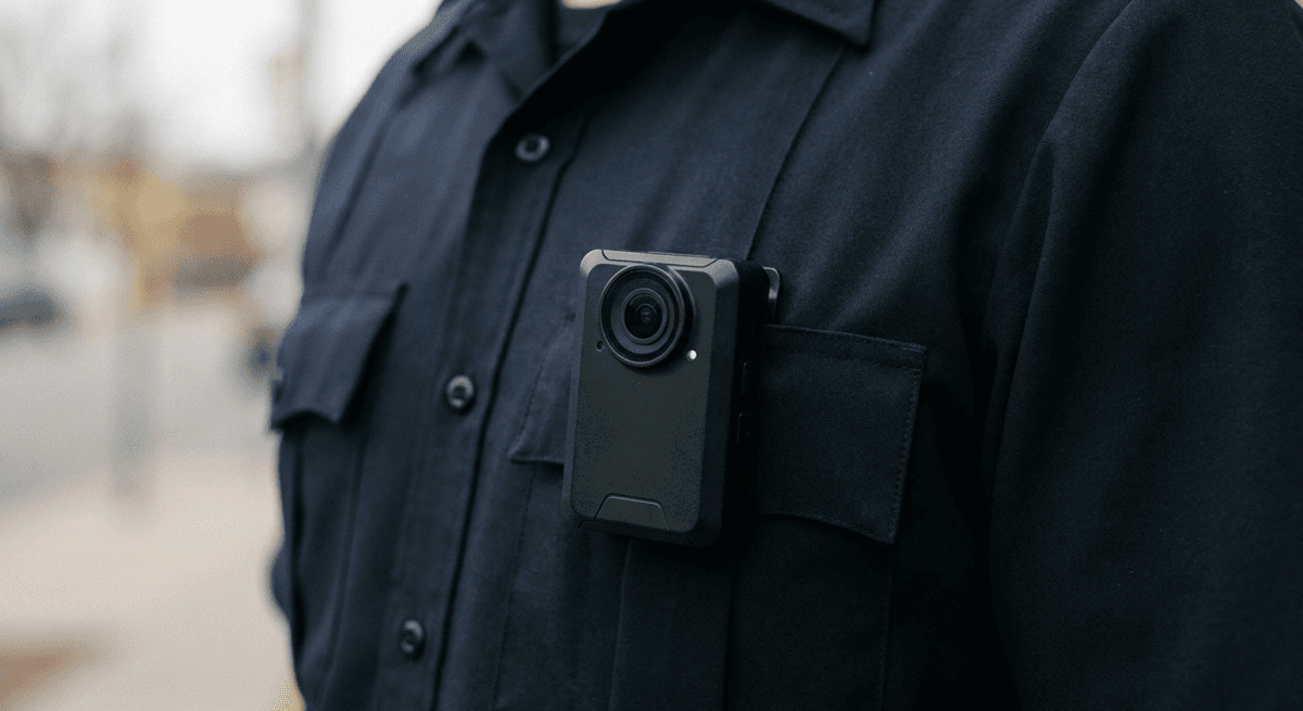 A plain black body camera clipped to a dark navy uniform shirt pocket, green indicator light on