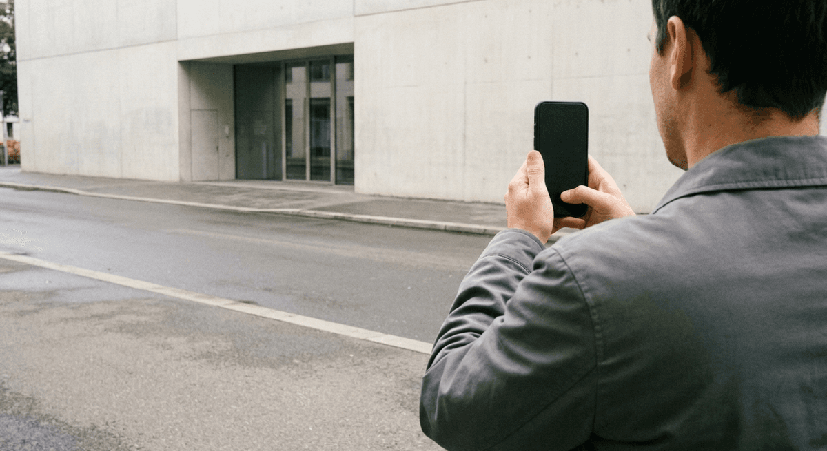 Una persona vista de espaldas filma con un teléfono la entrada de un edificio de concreto liso al otro lado de una calle tranquila