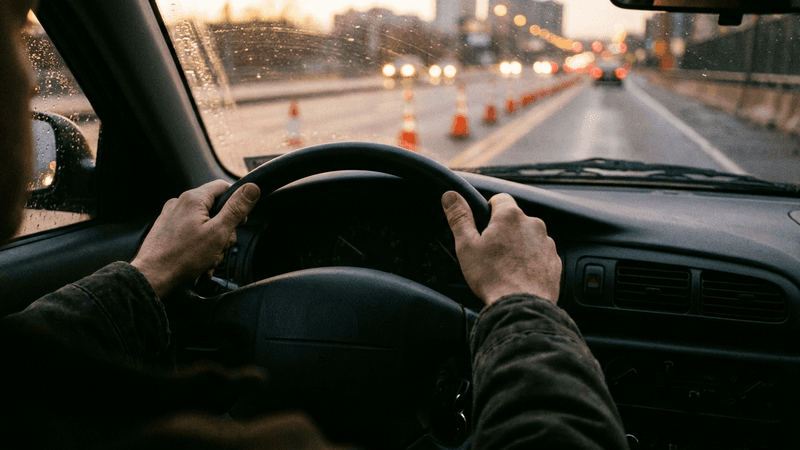 Driver's hands on a steering wheel at dusk looking at orange traffic cones narrowing the lane ahead