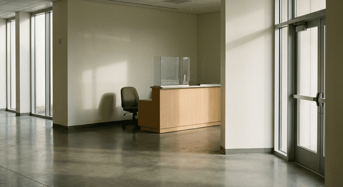 Empty public building lobby with a plain service counter and glass partition
