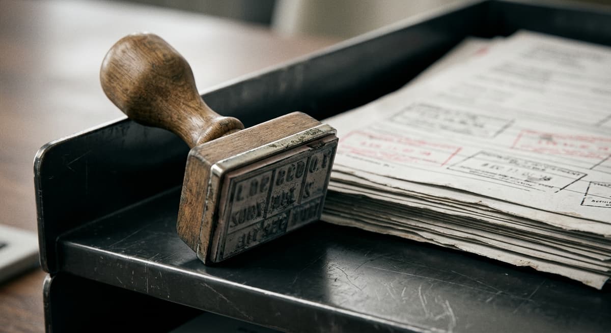 a date-received rubber stamp beside stamped but unreadable forms in a tray, tight crop