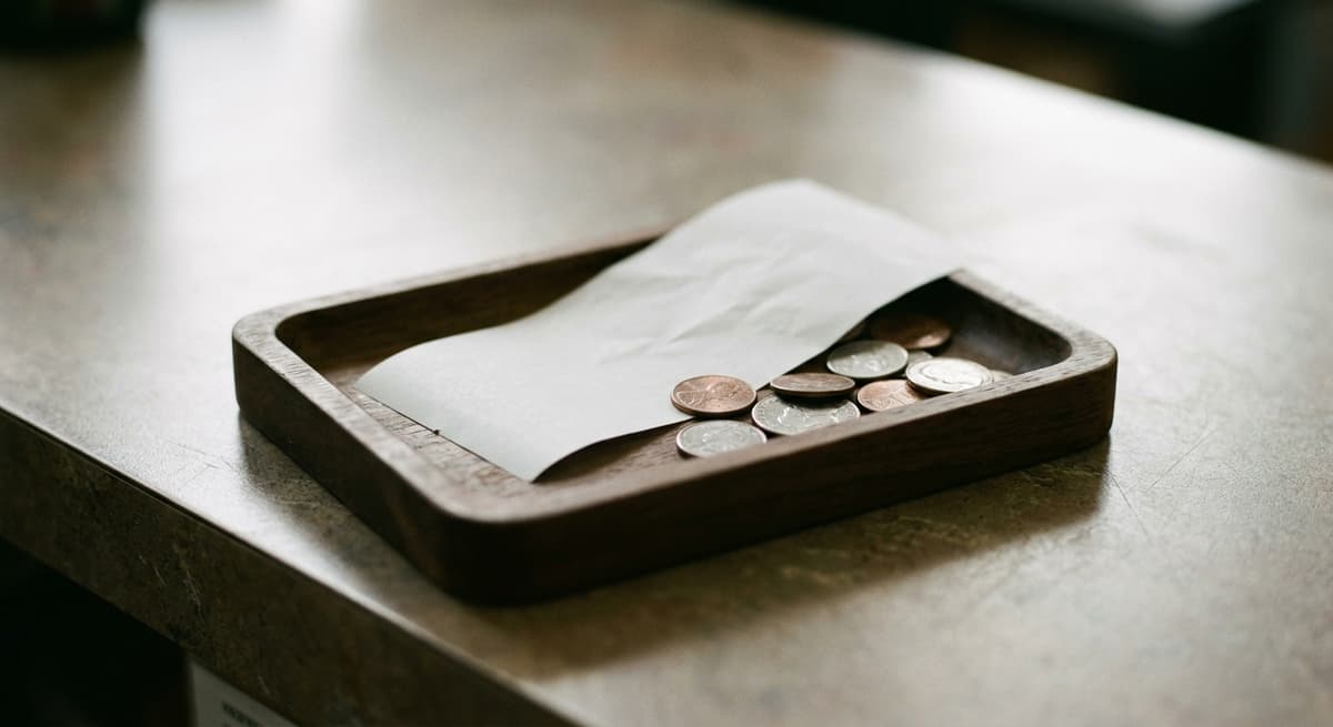a printed receipt and coins in a small tray on an office counter, shallow focus