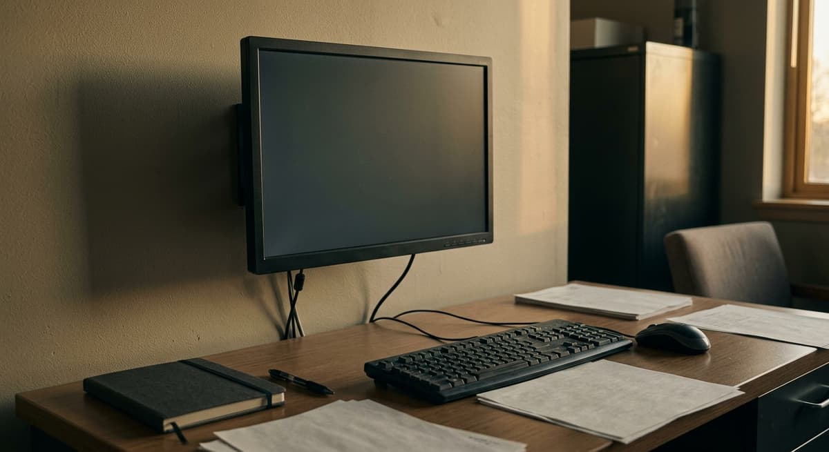 a wall-mounted security monitor showing a blank paused video frame in a dim review room