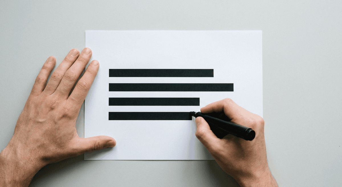 hands blacking out solid redaction bars on a blank white sheet with a black marker, seen from above