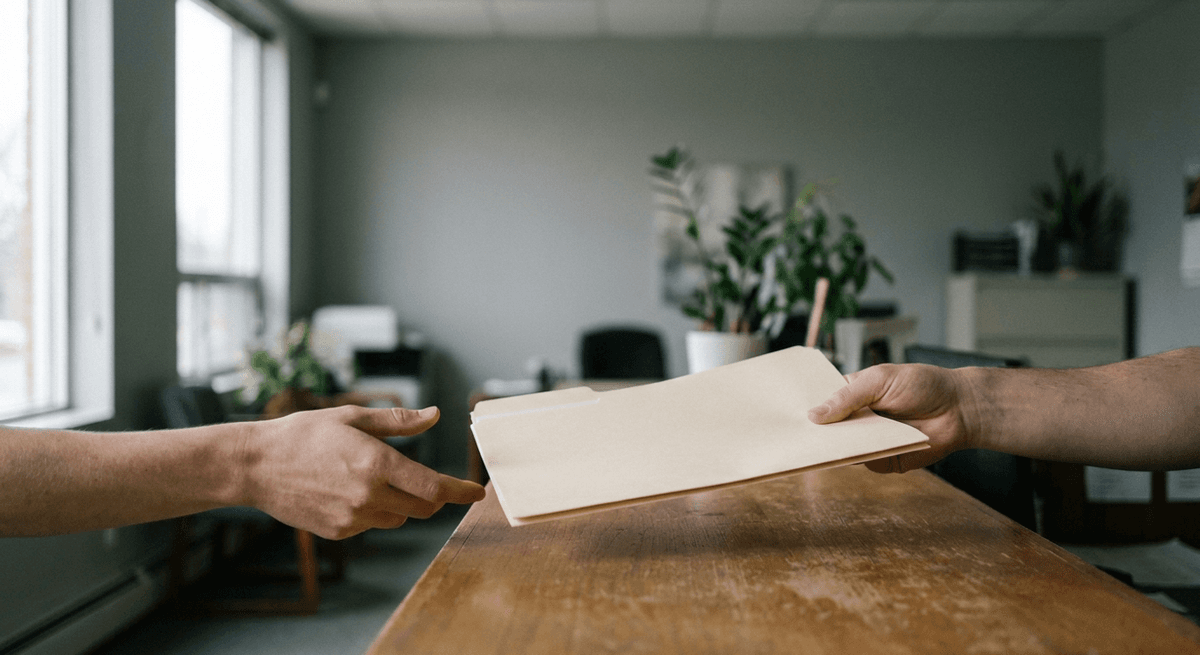 One hand passes a closed manila folder across a wooden counter to another outstretched hand