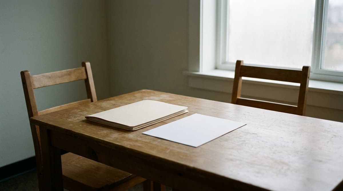 A closed manila folder and a blank sheet on a bare wooden table with two empty chairs