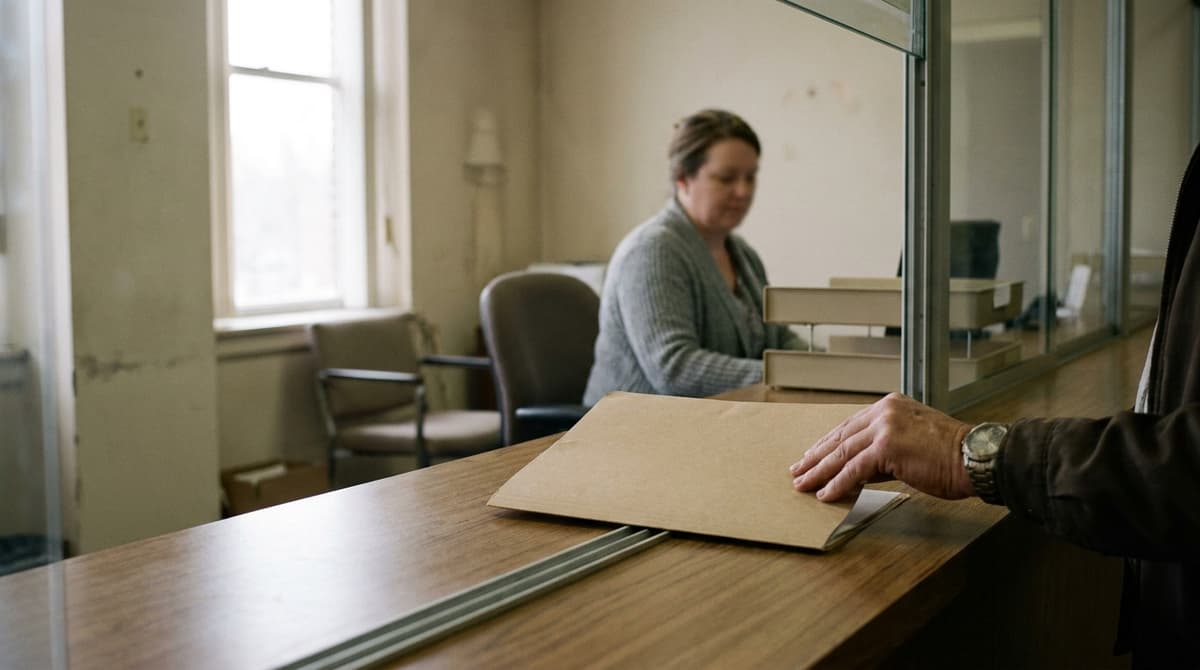 A hand sliding a closed folder across a permit-office counter toward a clerk