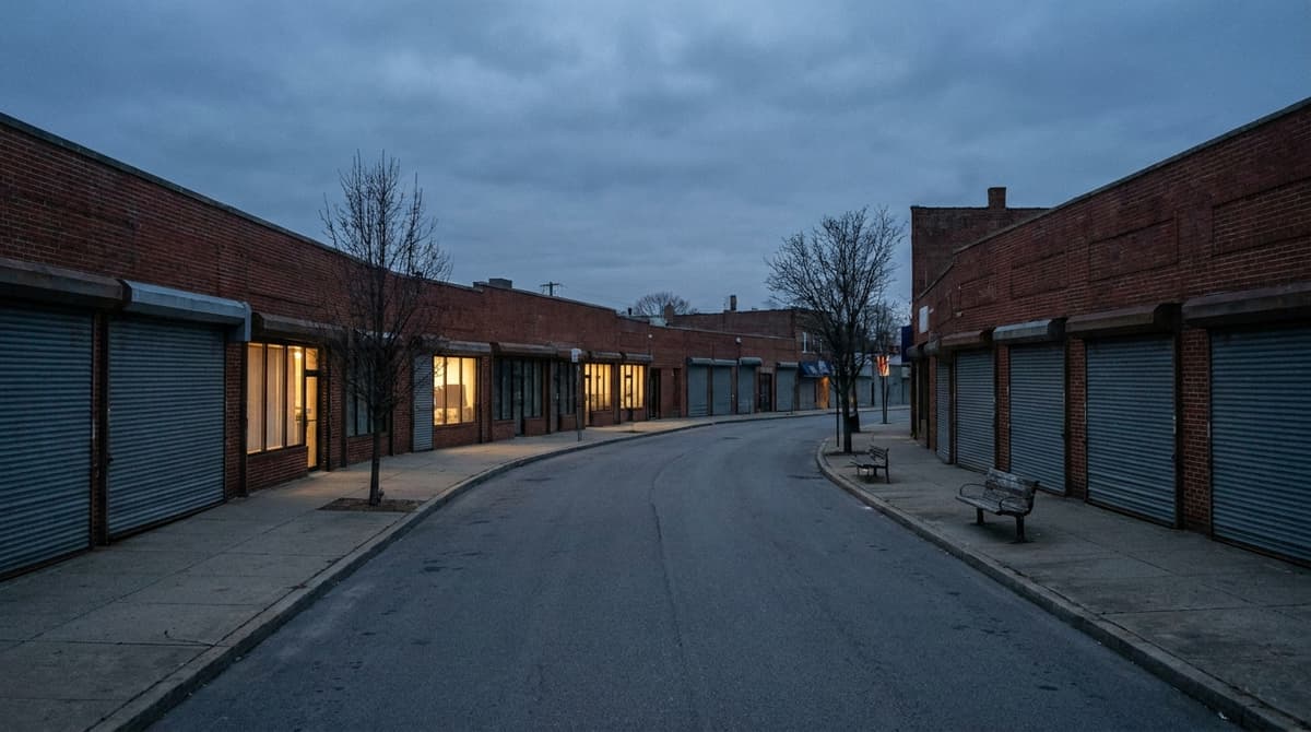 A quiet street of low brick buildings with closed shutters at blue-hour dusk