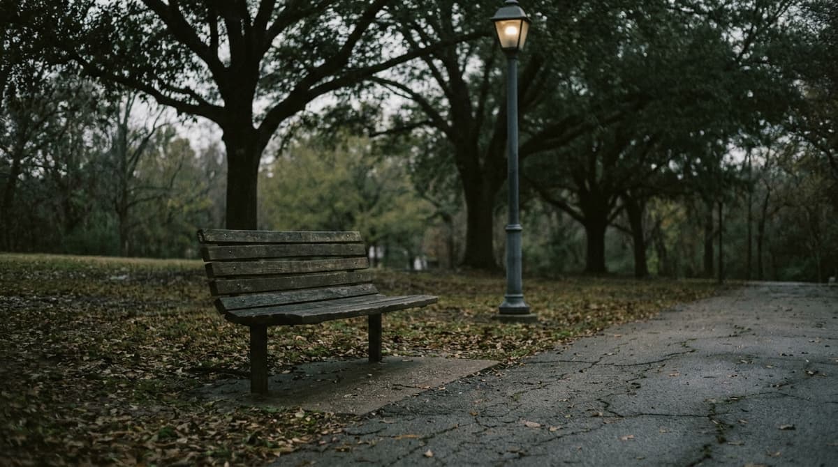 An empty wooden park bench beside a path under trees with a lit lamp post at dusk