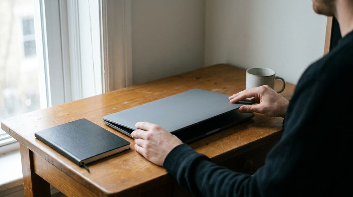 Two hands lowering the lid of a closed laptop on a desk beside a notebook and a mug