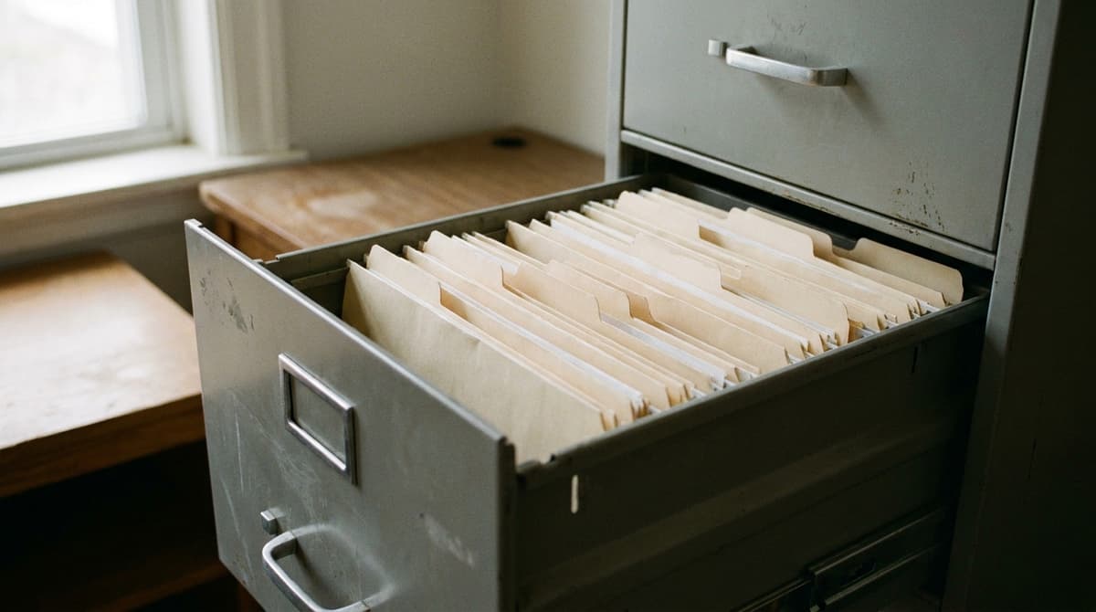 An open filing cabinet drawer holding rows of closed manila folders with blank tabs
