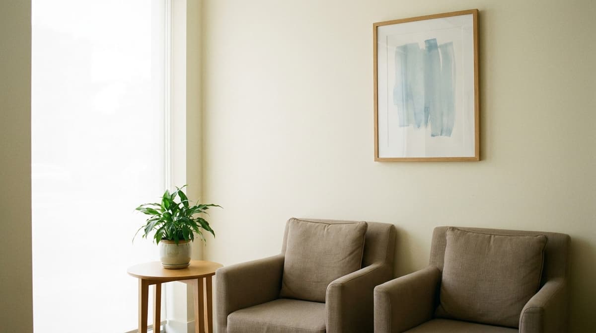 A calm reception room with two empty armchairs, a potted plant and a framed pale blue abstract print