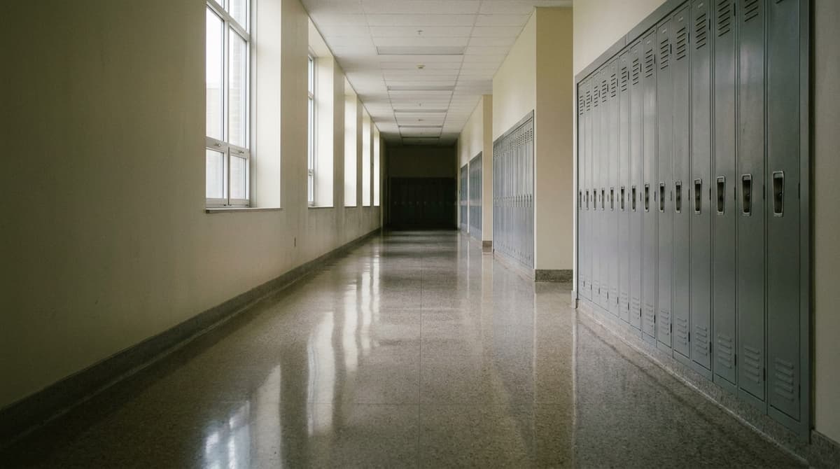 An empty school corridor with grey lockers and a polished floor in soft daylight
