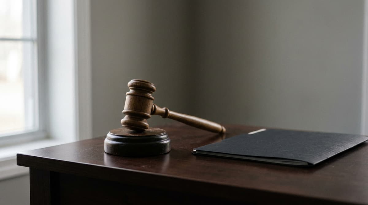 A wooden gavel on its block beside a closed black folder on a polished desk by a window
