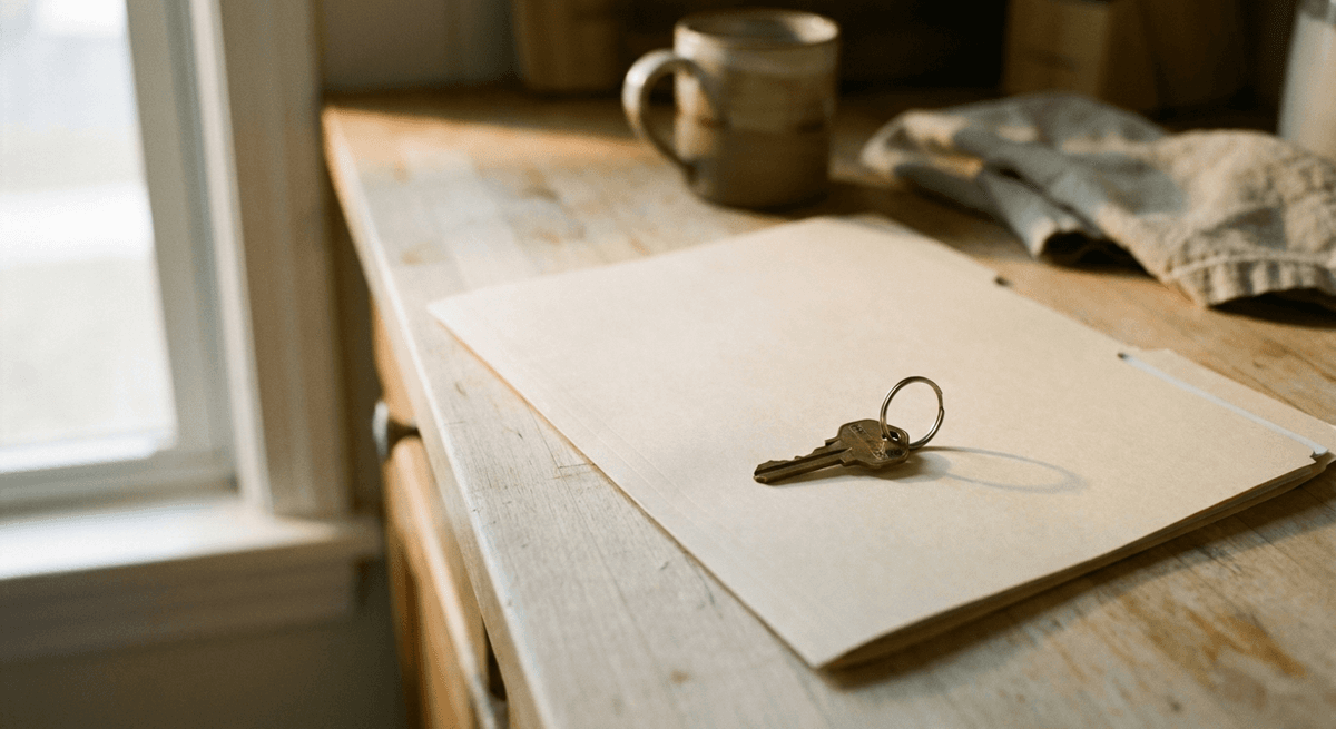 A brass house key resting on a closed blank folder on a kitchen counter in window light