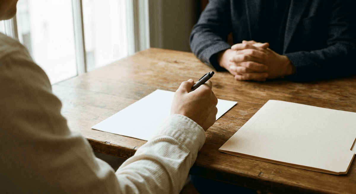 Hand holding a pen over a blank sheet at a table while a second person waits with clasped hands