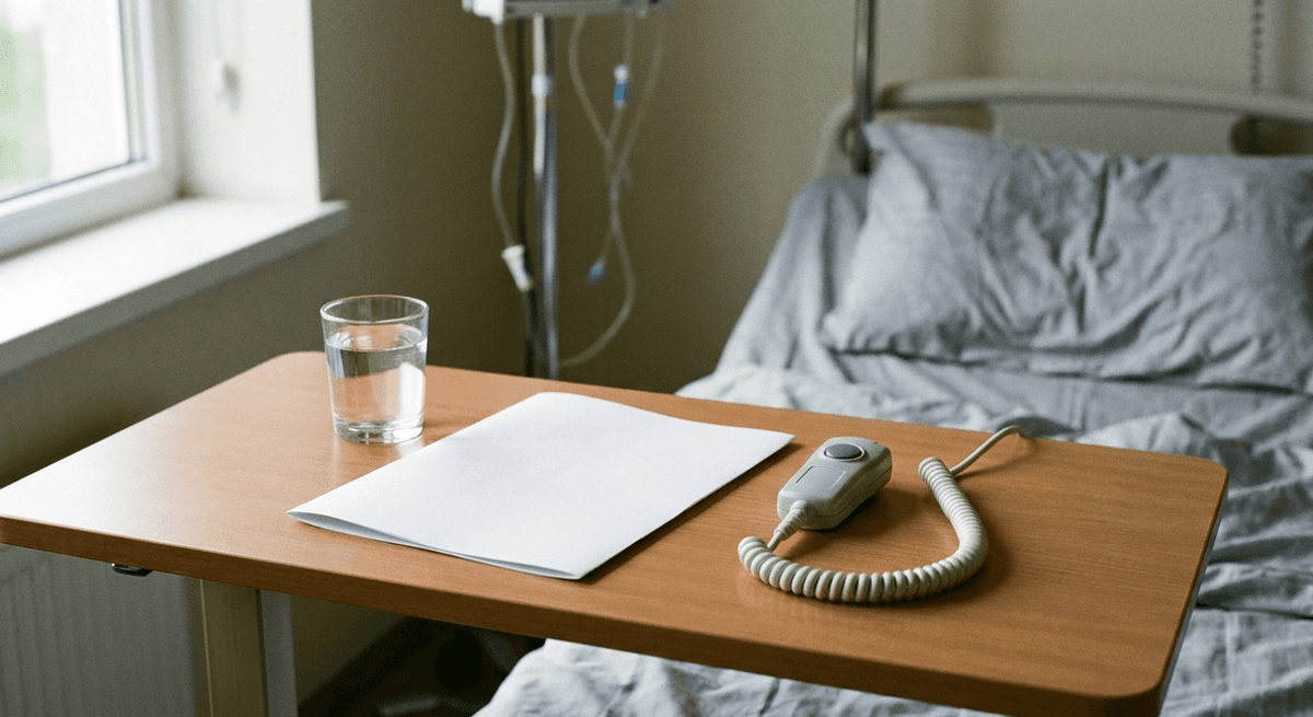 a hospital over-bed table with a glass of water, a blank sheet and a nurse call button beside an unmade bed
