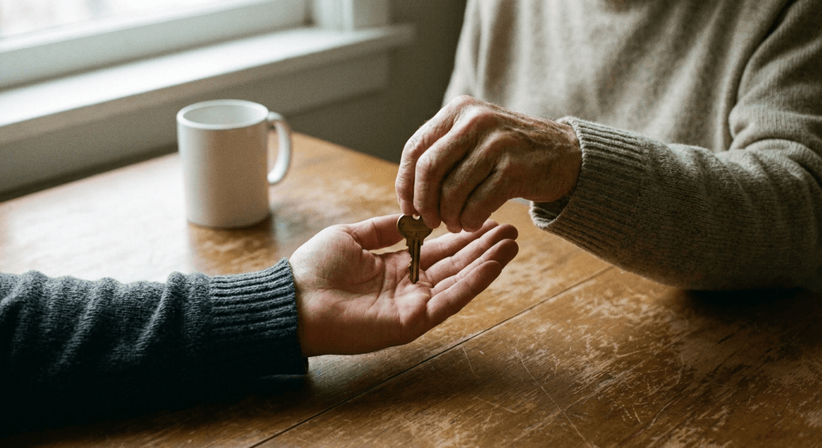 Older hand placing a brass key into the open palm of a younger person across a wooden table