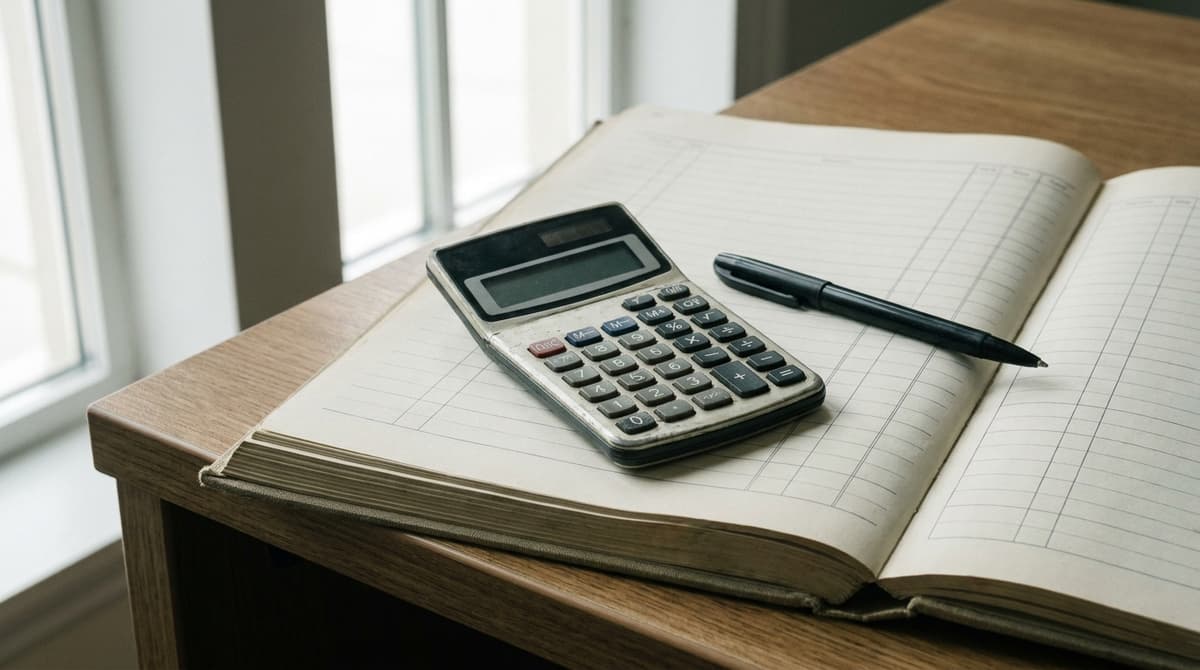 Alaska: a calculator and a pen resting on a blank ledger page on a desk