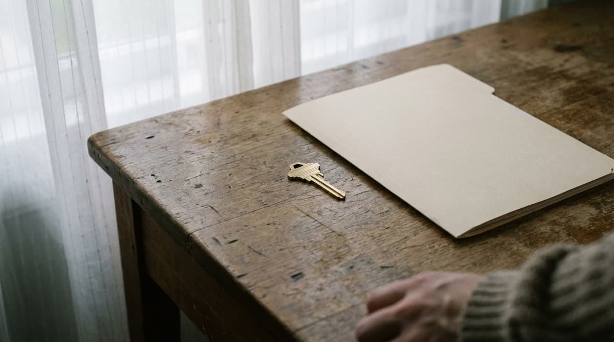 Ohio: a house key on a wooden table beside a closed folder