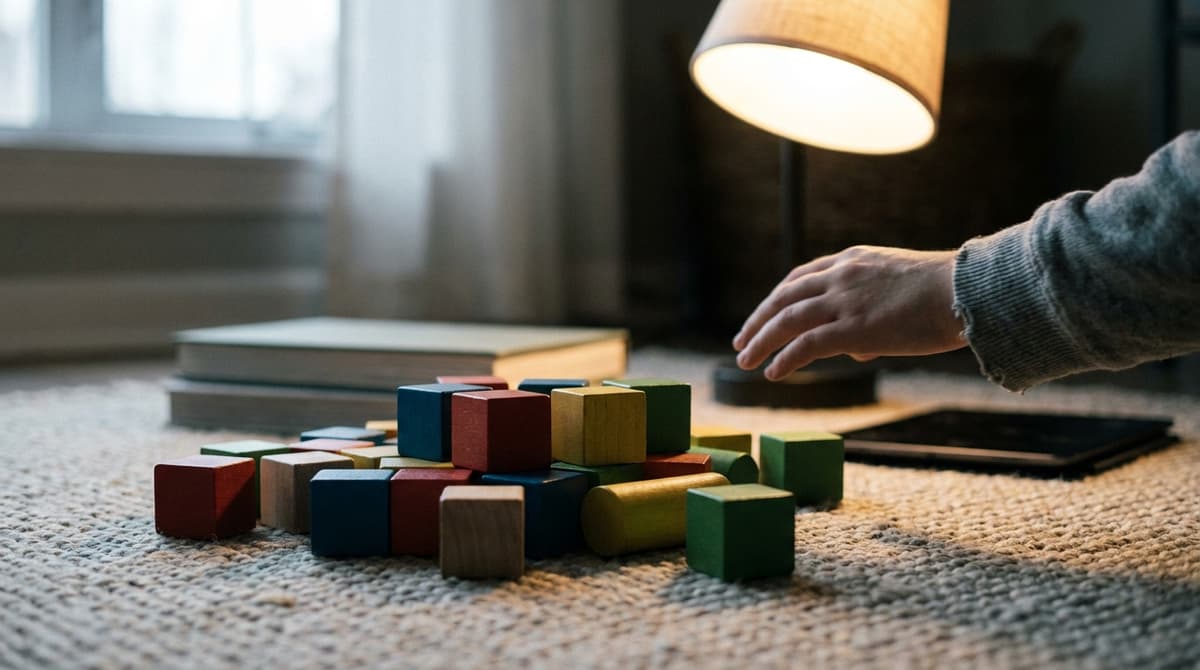 Washington: colorful wooden toy blocks on a living room rug