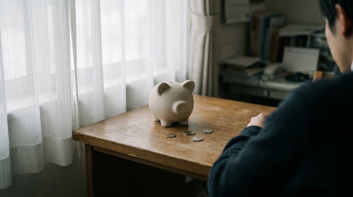 a ceramic piggy bank and a few coins on a desk by a window
