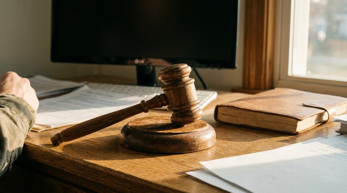 Arkansas: a wooden gavel resting on a sound block on a desk in window light