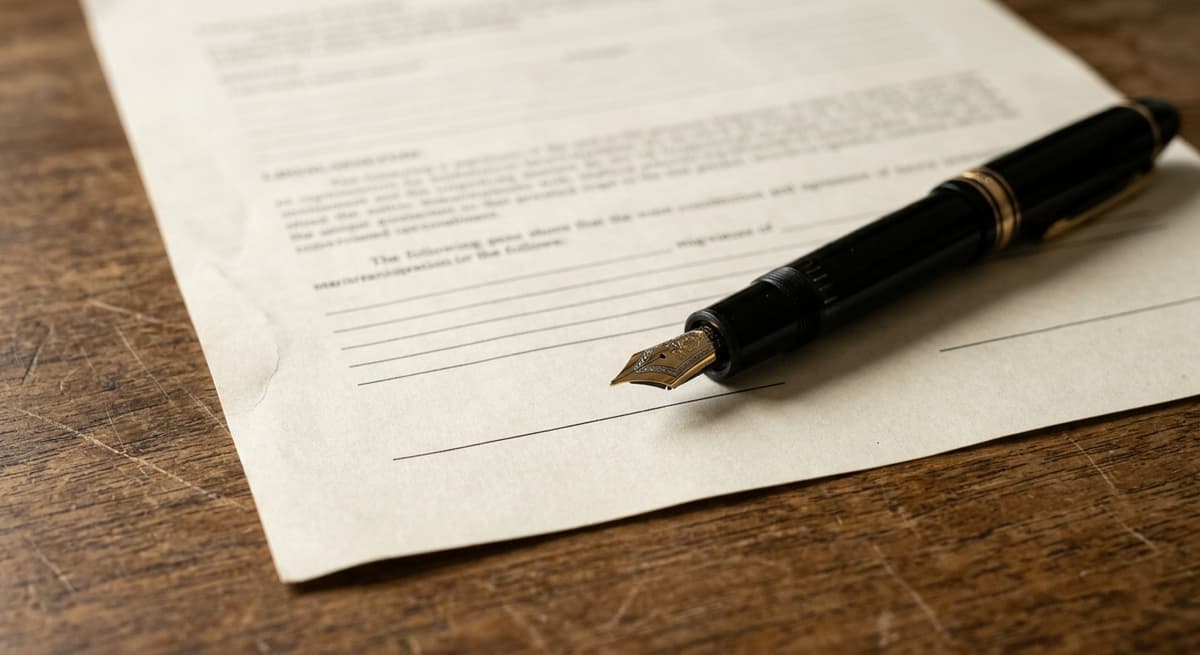 a fountain pen resting on a blank signature line of a printed legal document