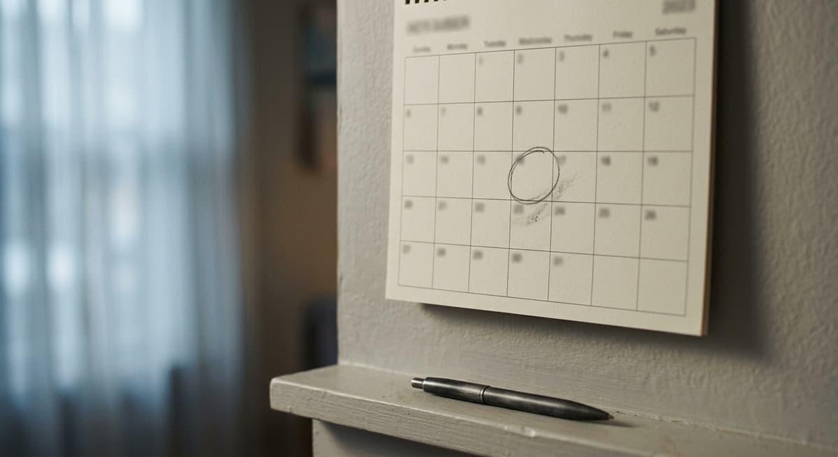 a wall calendar with a date circled in pencil, a pen resting on the ledge below